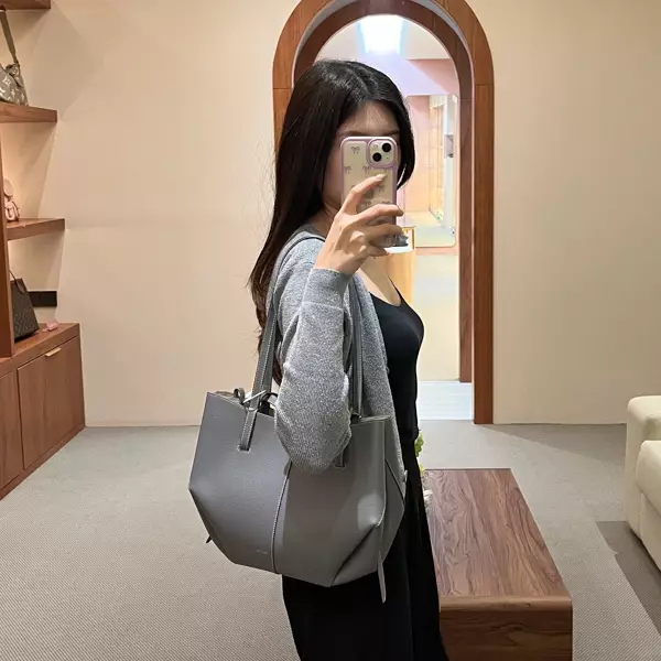 Tas POLENE CYME GREY STONE WITH ECRU STITCHING TOTE BAG WITH POUCH MINI 100% ORIGINAL