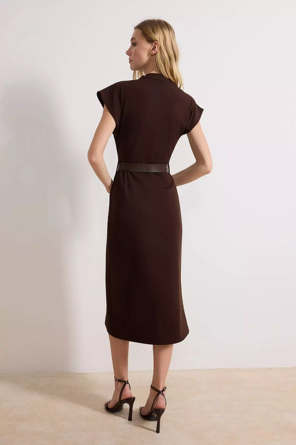Brown Belted Button Detailed Midi Woven Dress Twoss26El121