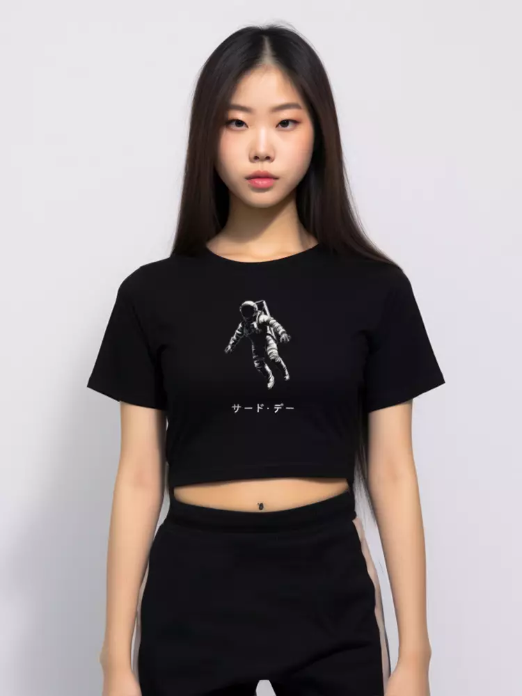 LTF16 kaos oversize crop top wanita longgar astronaut katakana hitam