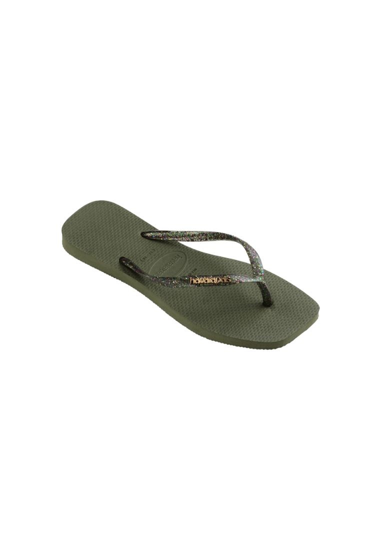 Women Slim Square Logo Metallic Flip Flops - Green