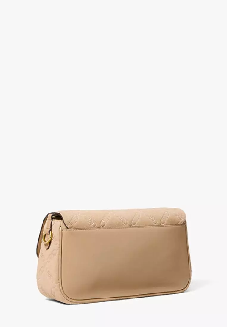 Michael Kors Parker Medium Empire Logo Embossed Suede Shoulder Bag Camel