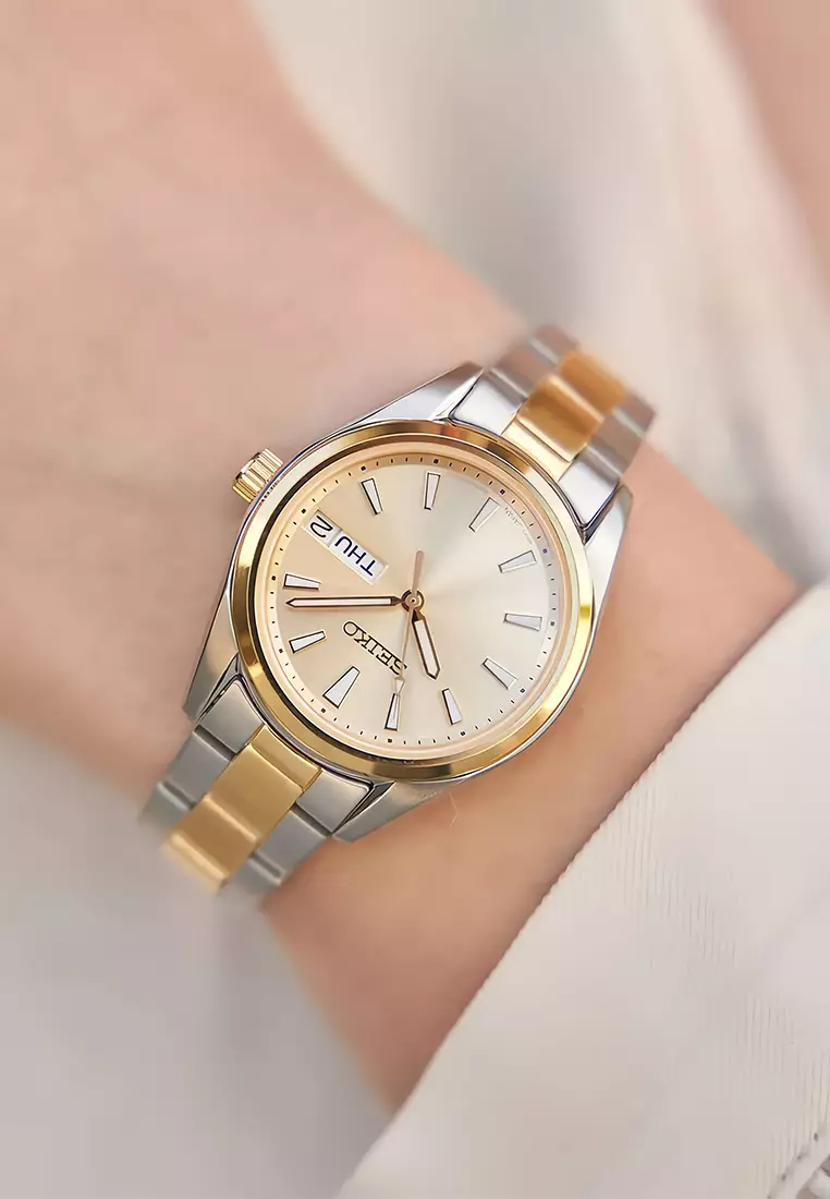 Seiko Jam Tangan Analog Wanita Gold Dial Dual Tone Stainless Steel - SUR354P1