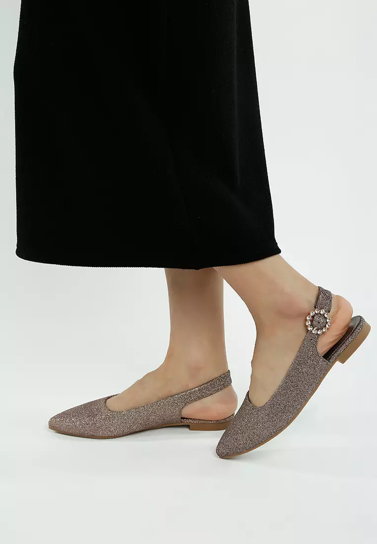 Glitter Slingback Flat Sandals in Bronze