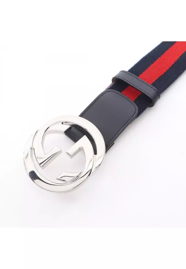 Pre-Loved Gucci Interlocking G sherry line belt fabric leather Navy Red black