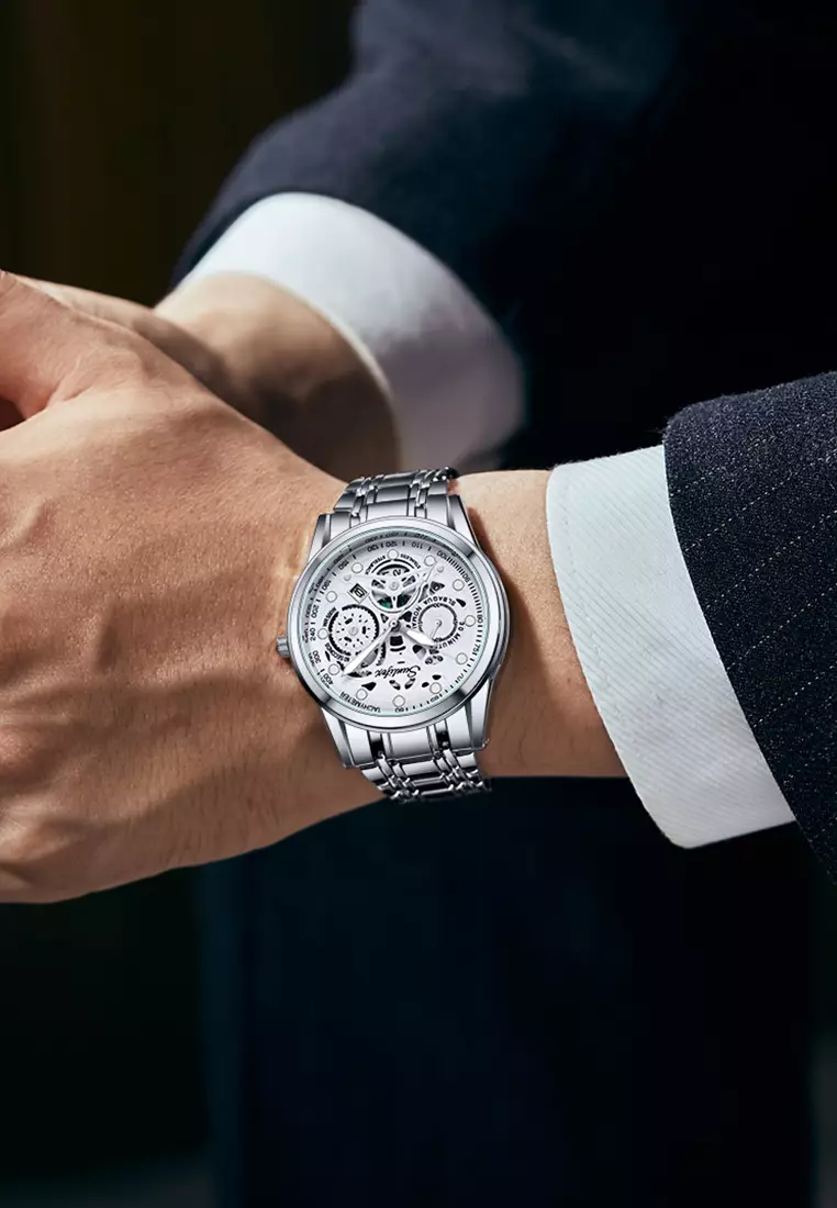 Jam Tangan Pria Anti Air Kuarsa Original Tali Stainless Steel Bisnis Santai Jam Tangan Cowok silver white