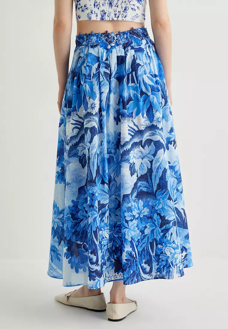 Long Linen Skirt Pleated Floral Pattern Slit and Comfortable Fit