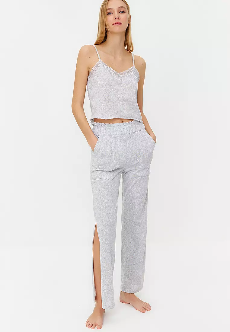Grey Melange Lace Ruffle And Slit Detail Knitted Pajama Set With Rope Straps