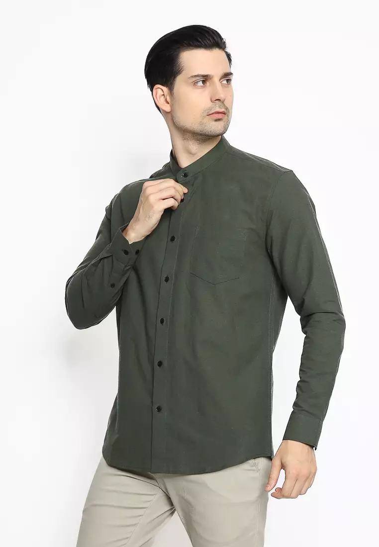 MAGINOT Kemeja Pria KOKO Basic Polos Lengan Panjang BOTTLE GREEN