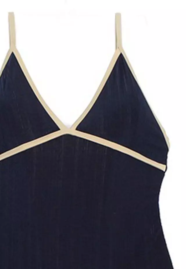 Korean Style Plain Hiden-Strips Slip One-Piece Swimsuit A21031809BL