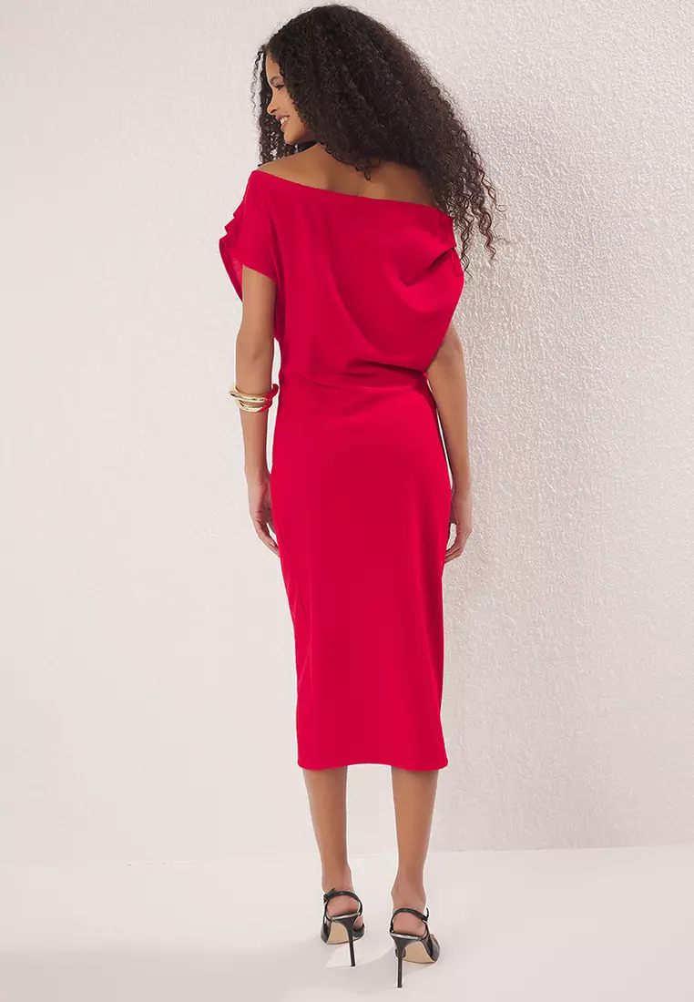 Red Midi Shirring/Draping Detail Knitted Dress Twoss25El00780