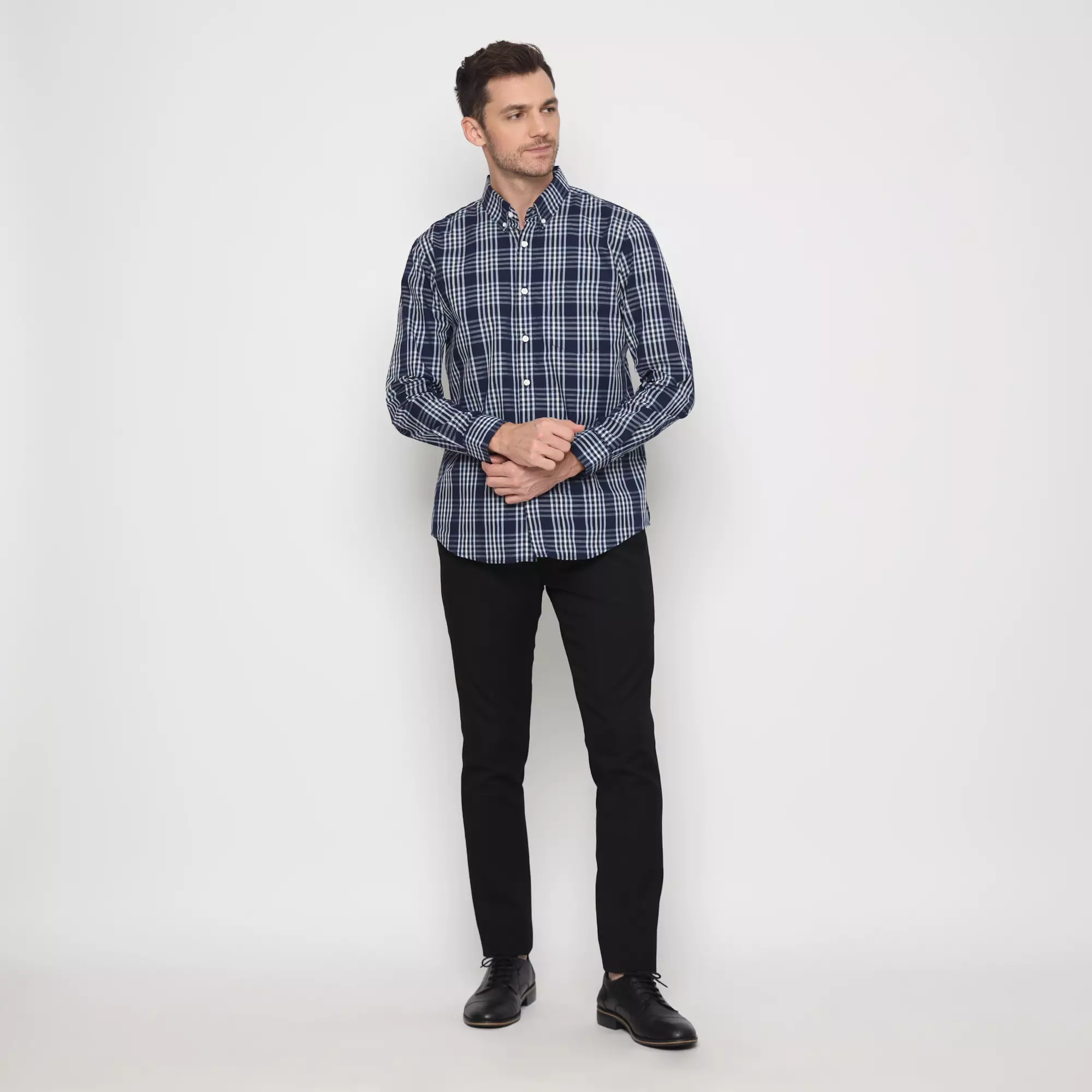 Platini Kemeja Lengan Panjang Katun Motif Kotak Navy 76461