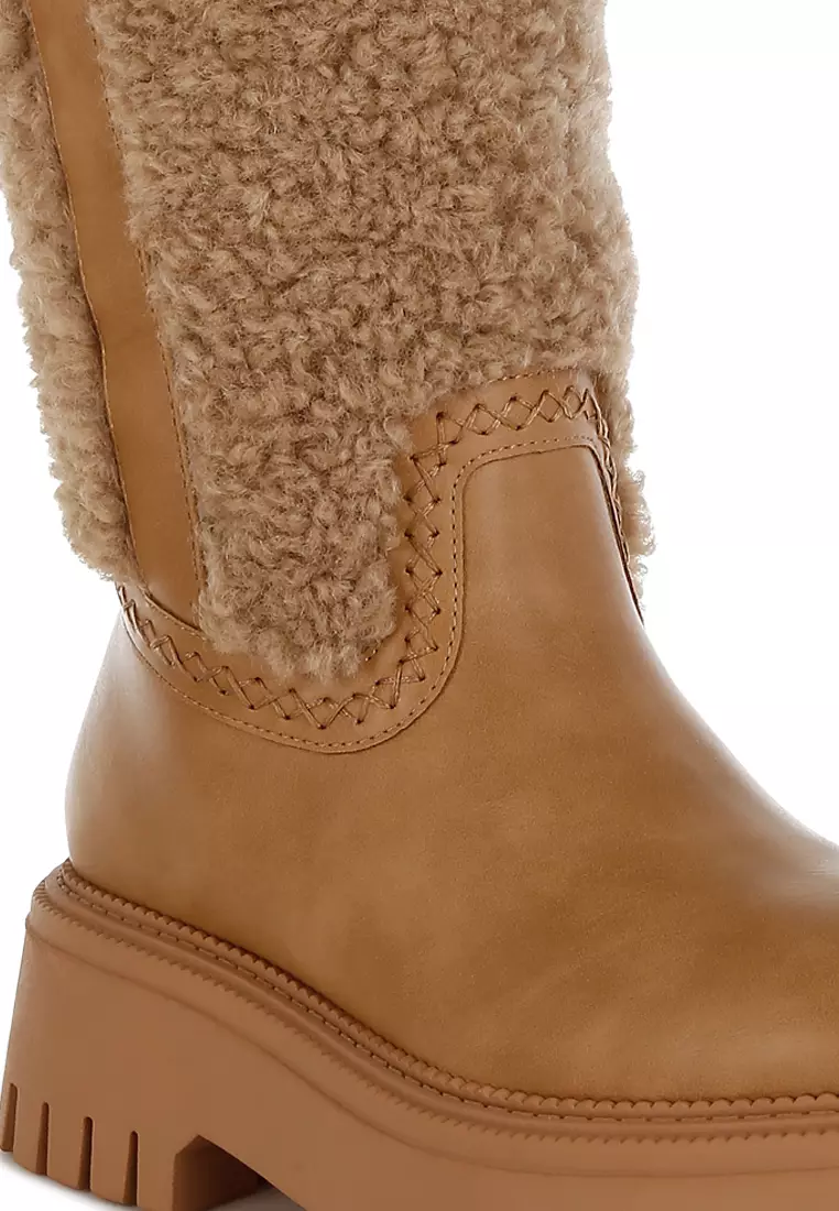 Fur Detail Calf Length Boots in Beige