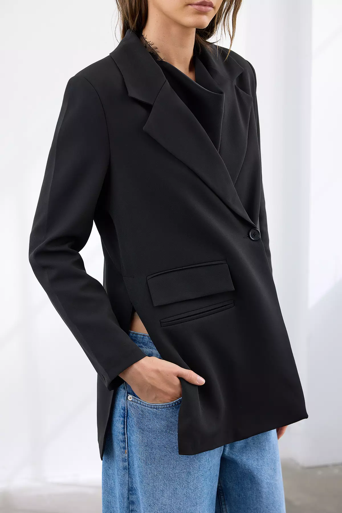 Black Oversize Pocket Detailed Woven Blazer Jacket