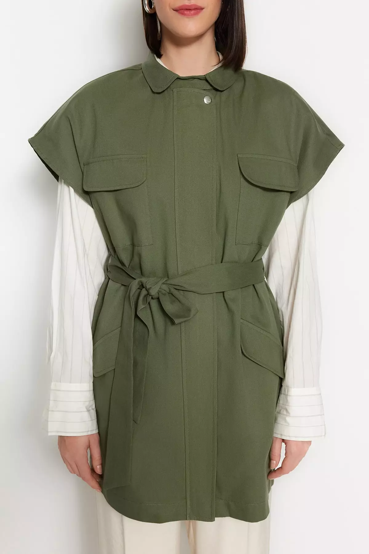 Waist Tie Wide Shoulders Woven Vest