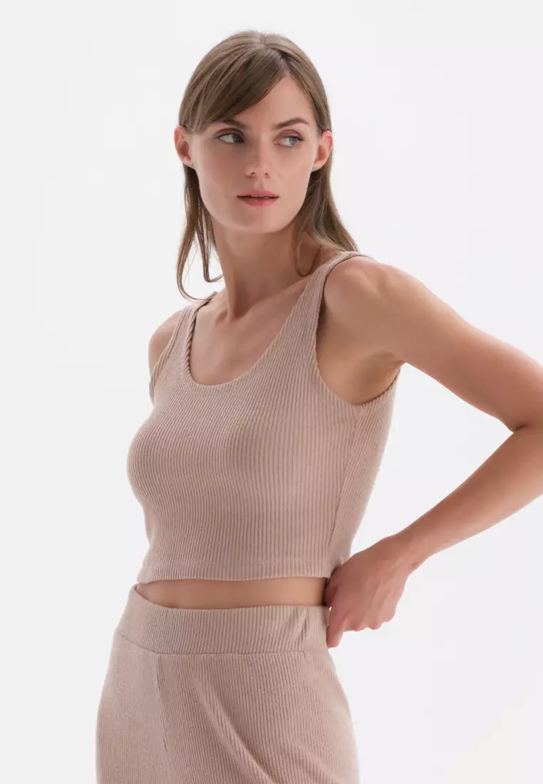 Light Brown Knitwear Top Tanktop, U-Neck, Regular Fit, Thick Strap Sleepwear for Women