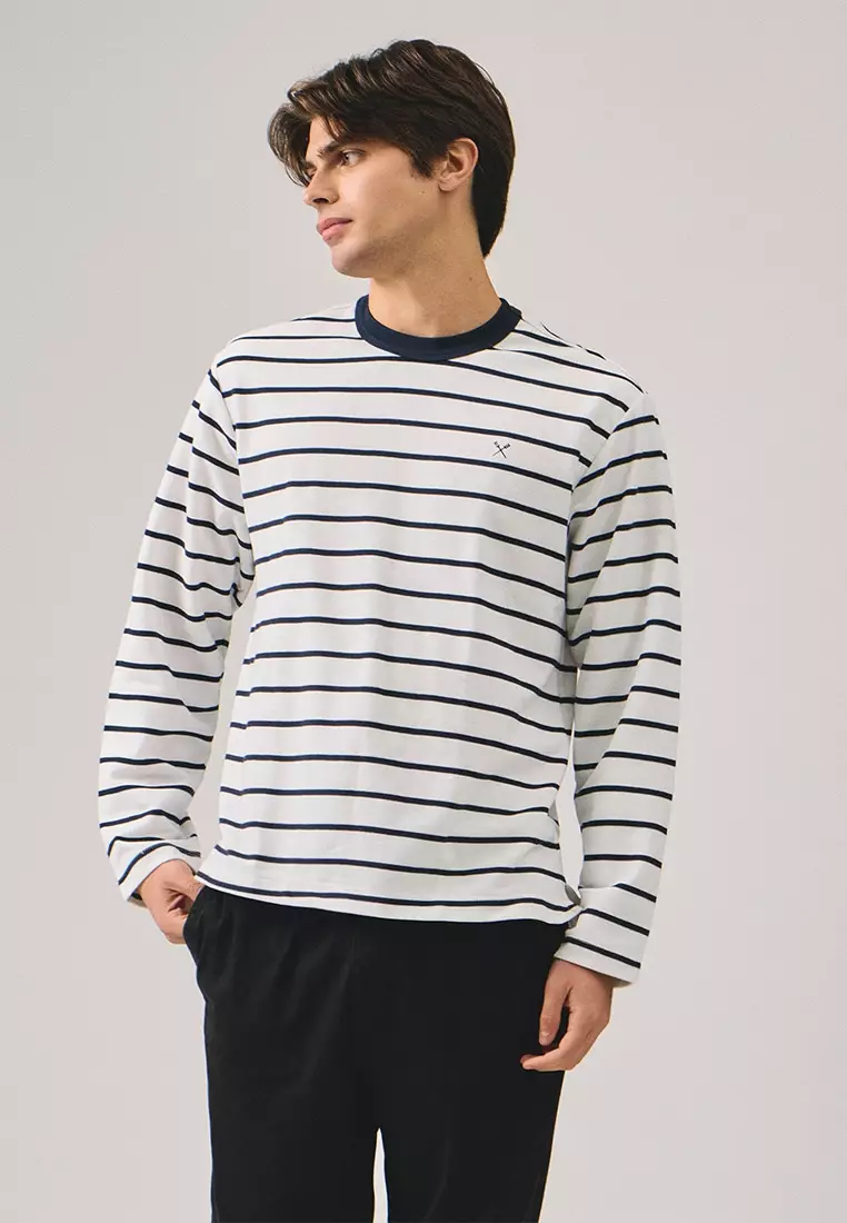 Regular Fit Long Sleeve Striped T-Shirt In Honeycomb Pique