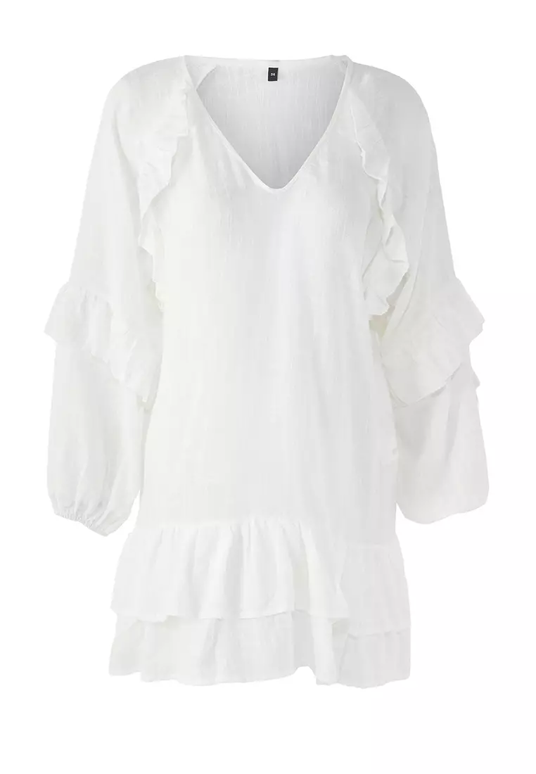 White Mini Woven Flounce Beach Dress TBESS25EL00076