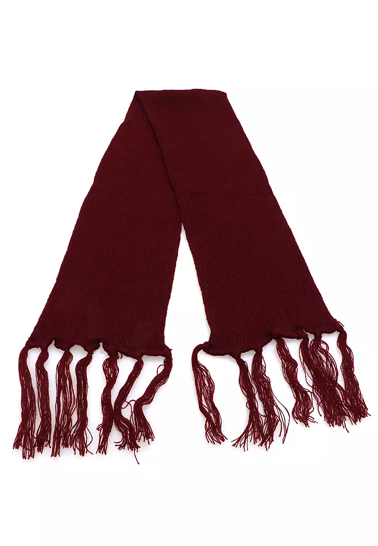 Syal Wanita Motif Polos Aksen Rumbai Shawl Rajut Lembut Fashion Women - Maroon