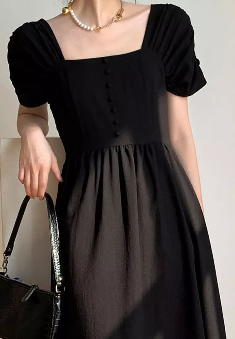 氣質收腰顯瘦方領A字連身裙 A22033115