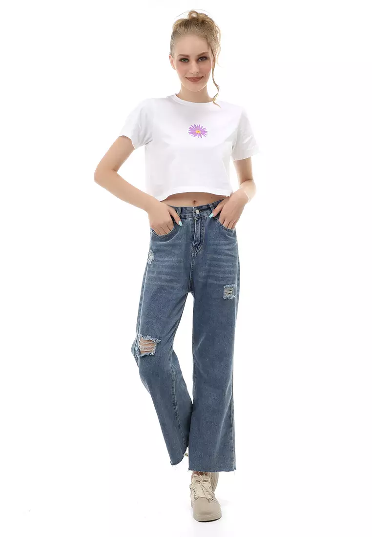 Jourel  Long Pants Celana Panjang Baggy Ripped Jeans Wanita Material Denim ORIGINAL - Dark blue