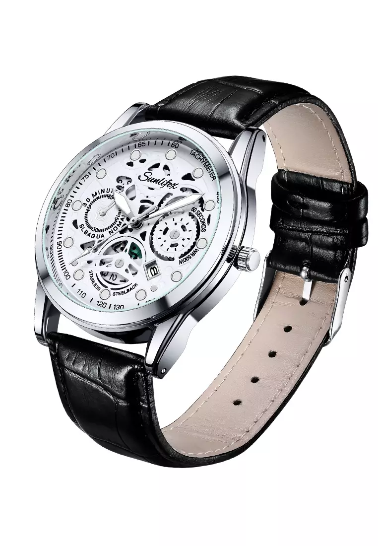 Jam Tangan Pria Dial Berongga Anti Air Kuarsa Tali Kulit Jam Pria Original Santai Mode Jam Tangan Cowok 7001 black white