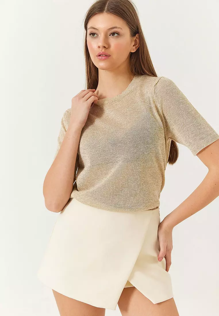 Women's Crew Neck Self-Shiny Short Sleeve T-Shirt 60261443