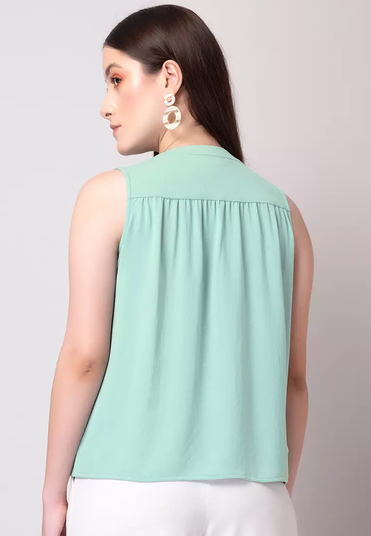 Green Gathered Sleeveless Blouse