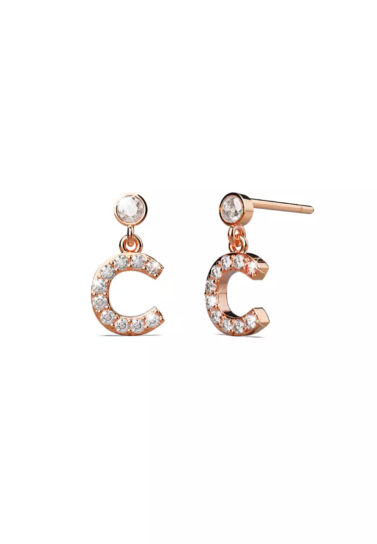 Solid 925 Sterling Silver Initial Crystal Personalised Alphabet Letter Earrings Rose Gold - C