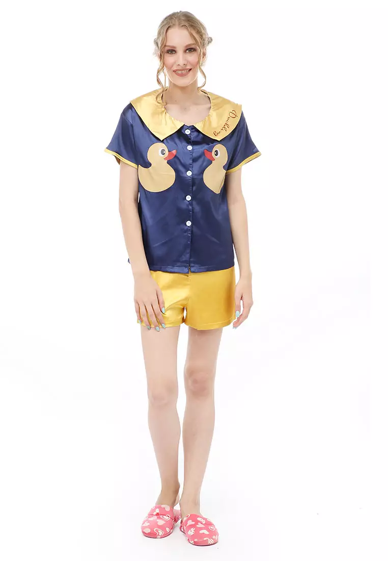 Vance Setelan Baju Tidur Wanita Lengan Pendek Motif Bebek Material Satin ORIGINAL - Navy