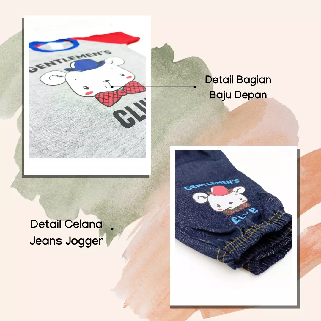 Wakakids Baju Bayi Anak Laki Laki Lengan Pendek Usia 6 Bulan Hingga 12 Bulan Setelan Celana Jeans Jogger Motif Bear 3441 Biru