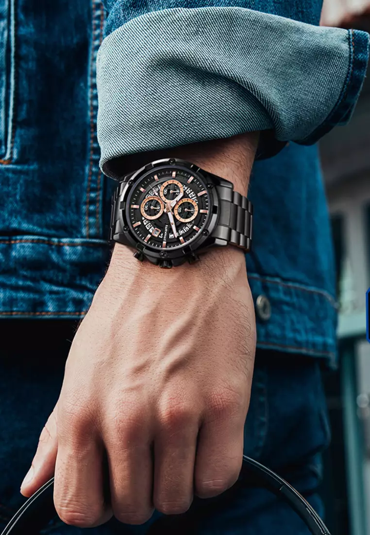 Unisex IP Black Stainless Steel Quartz Chronograph Watch, Black Dial, 42mm, Stainless Steel Bracelet