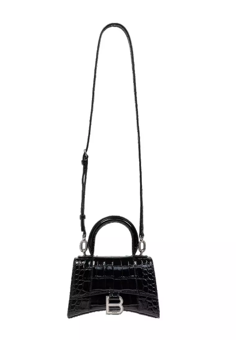 Hourglass Xs Crocodile Embossed Crossbody Bag in Black