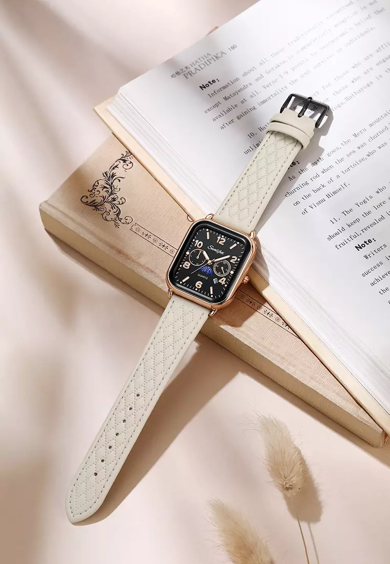 Jam Tangan Wanita Korean Kasual Mode Tali Kulit Kuarsa Jam Tangan Cewek Original whiteblack