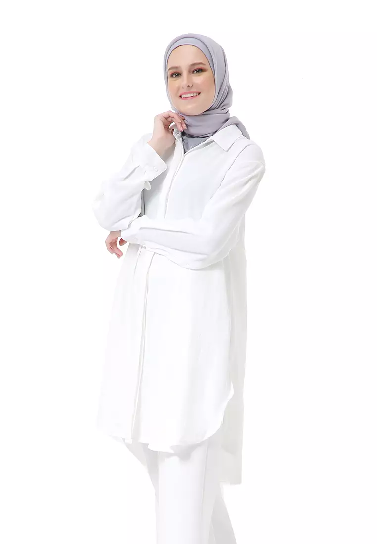 Azzahra Tunik Panjang Muslimah Wanita Long Sleeve Regular Fit Premium High Quality - White