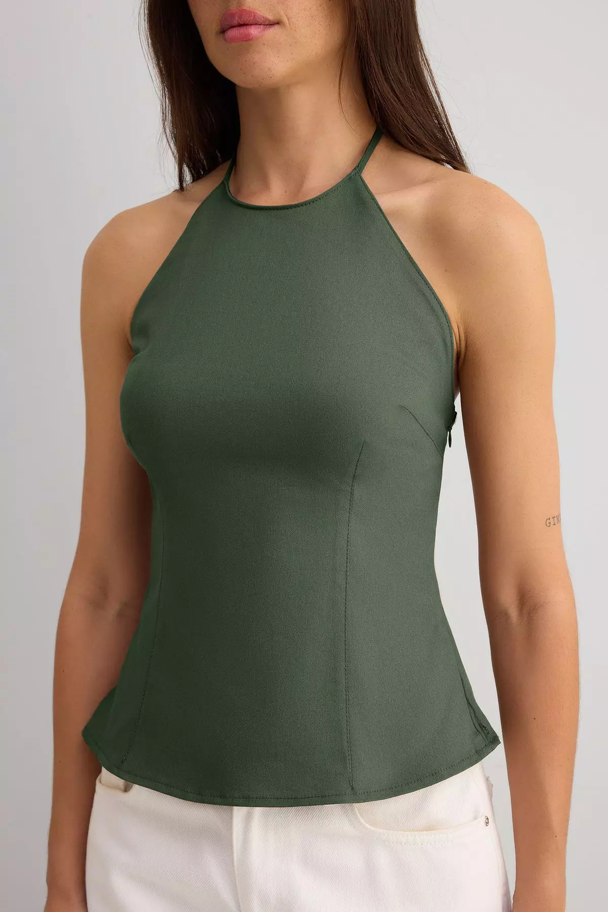 Khaki Cotton Thin Gabardine Halter Neck Woven Blouse