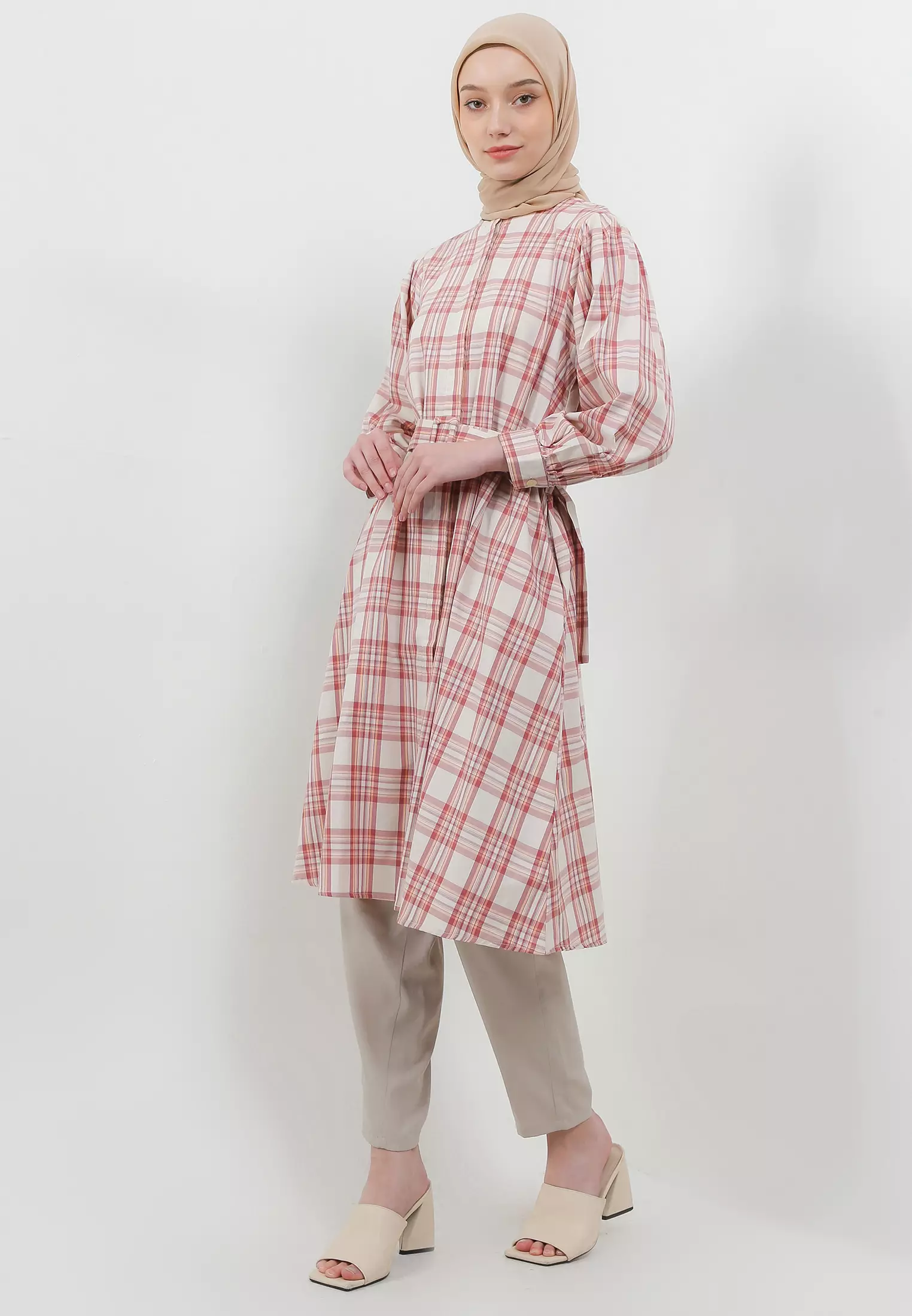 MFMW Qivaya Midi Dress Marsala Motif Kotak