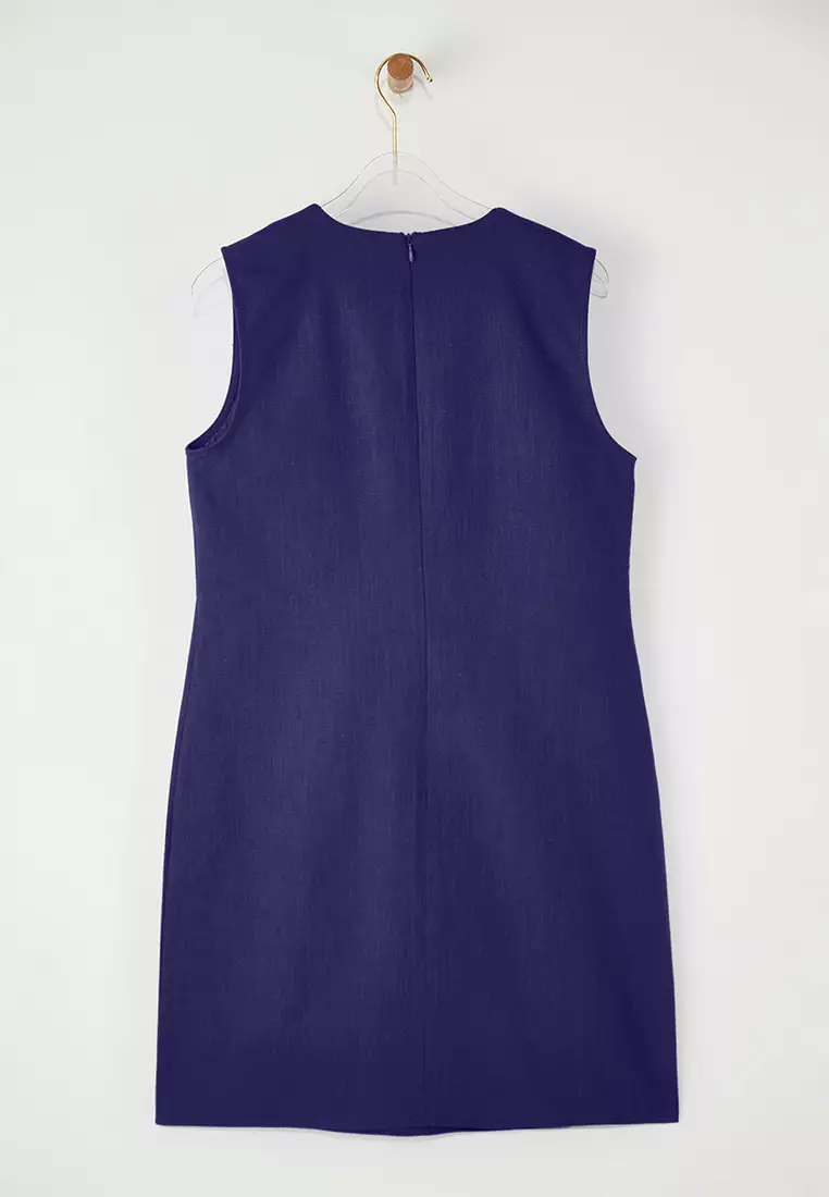 Navy Blue Linen Blend A-Line Mini Woven Dress TWOSS25EL00645