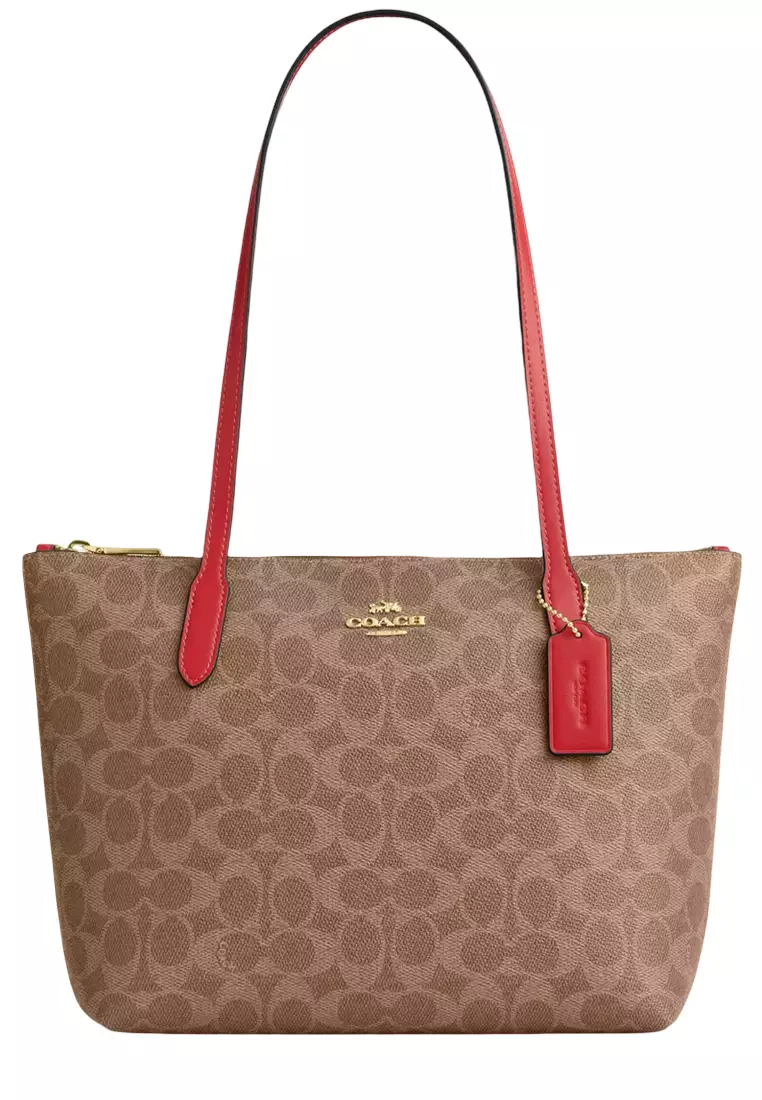 Buy COACH Fiona Zip Tote Bag In Signature Canvas - Tan/ Carnation