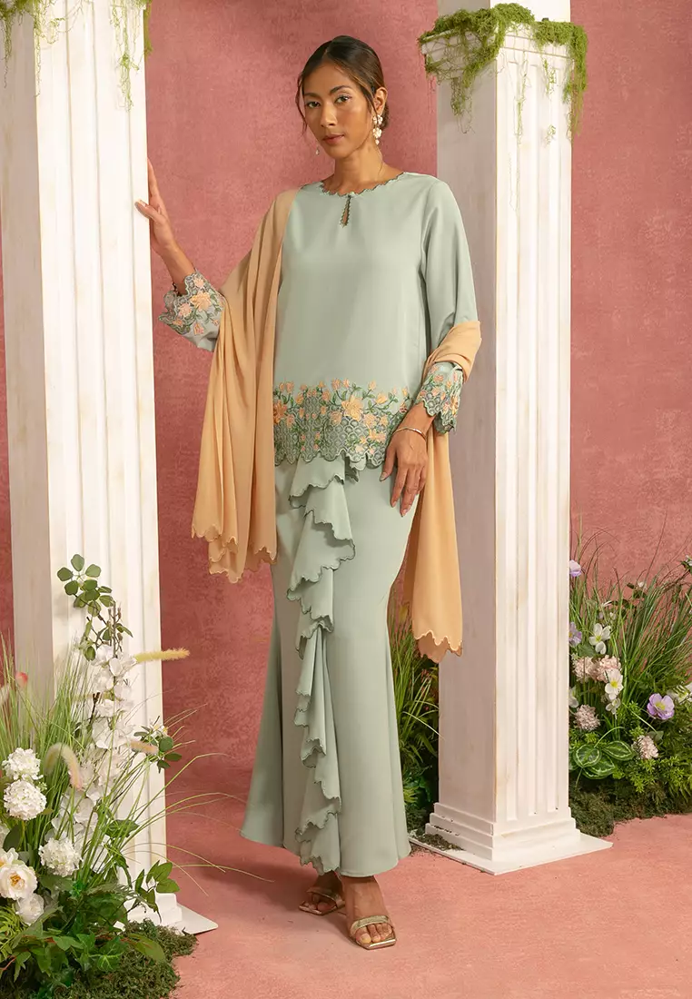 green foliage sketch sleeveless maxi dress Checks Frill – JardinVue MasterSku:KA4B15L4 main image 1
