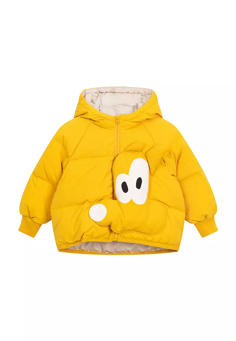 Hooded Down Jacket With Pop Up Cartoon Design