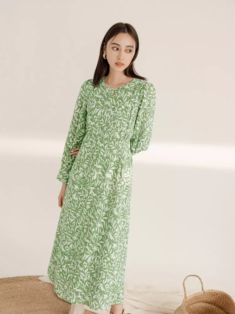 Wrinkle-Free Print Cinched Waist Long Sleeve Long Dress [DA9851]