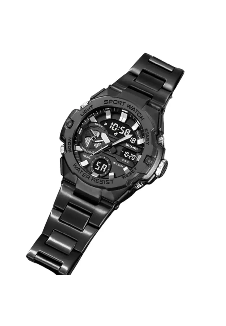 Jam Tangan Pria Digital Analog Tali 2404 Stainless Rantai Tahan Air MGOS ORIGINAL - Black