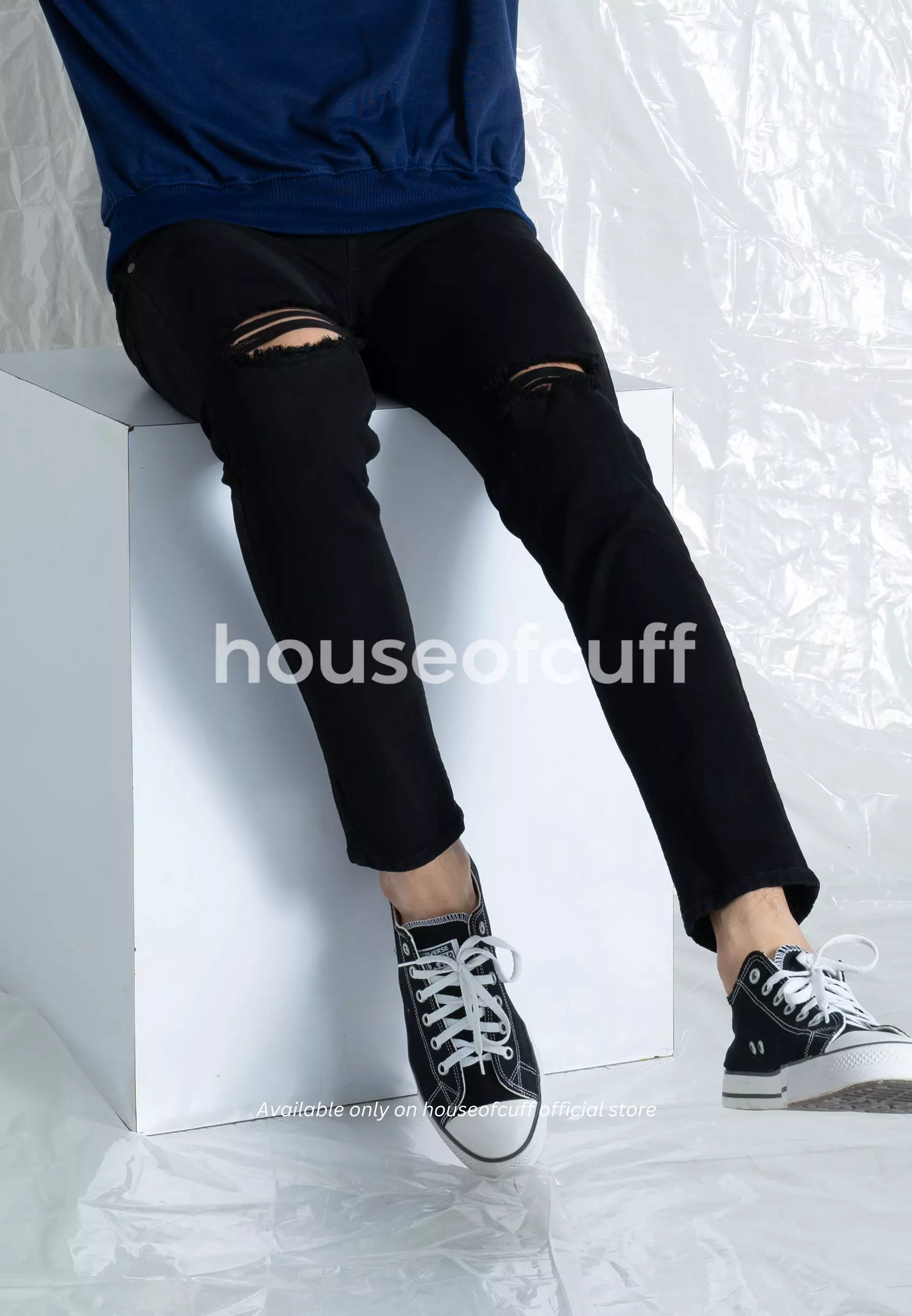 Celana Jeans Hitam Pria Denim Ripped Sobek Robek Bahan Stretch Melar Slim Fit Houseofcuff