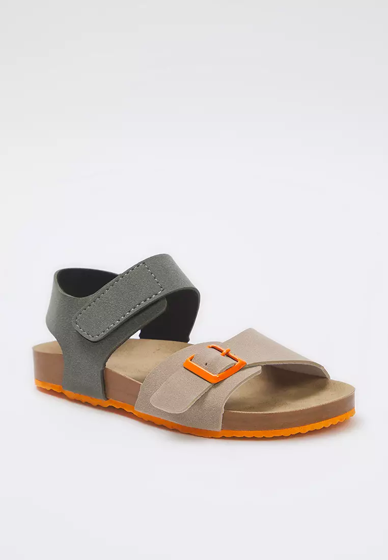 Beige Nubuck Color-Block Velcro Strap Unisex Small Children Kids Sandals Takss25Sd00057