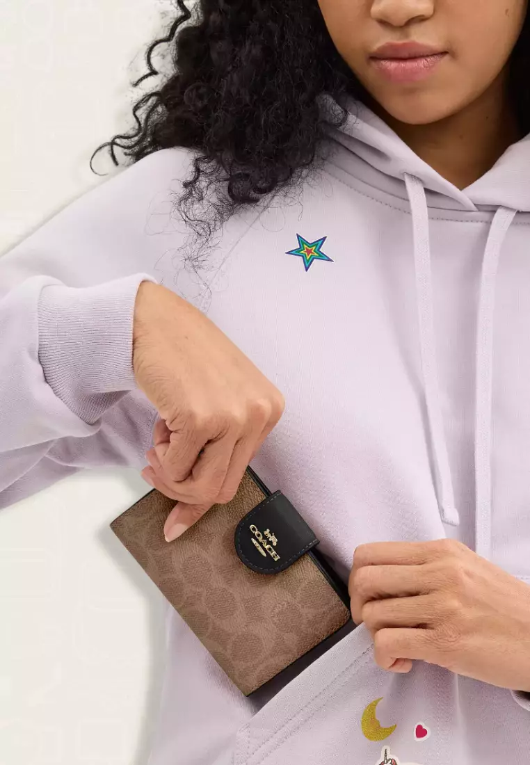 Coach Medium Corner Zip Wallet In Signature Canvas Tan Black