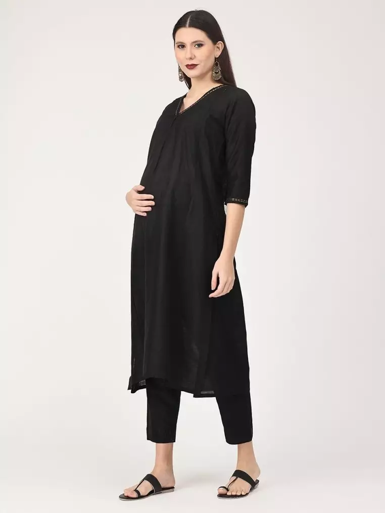 Ebony Embroidered Maternity and Nursing Silk Kurta Set - Black