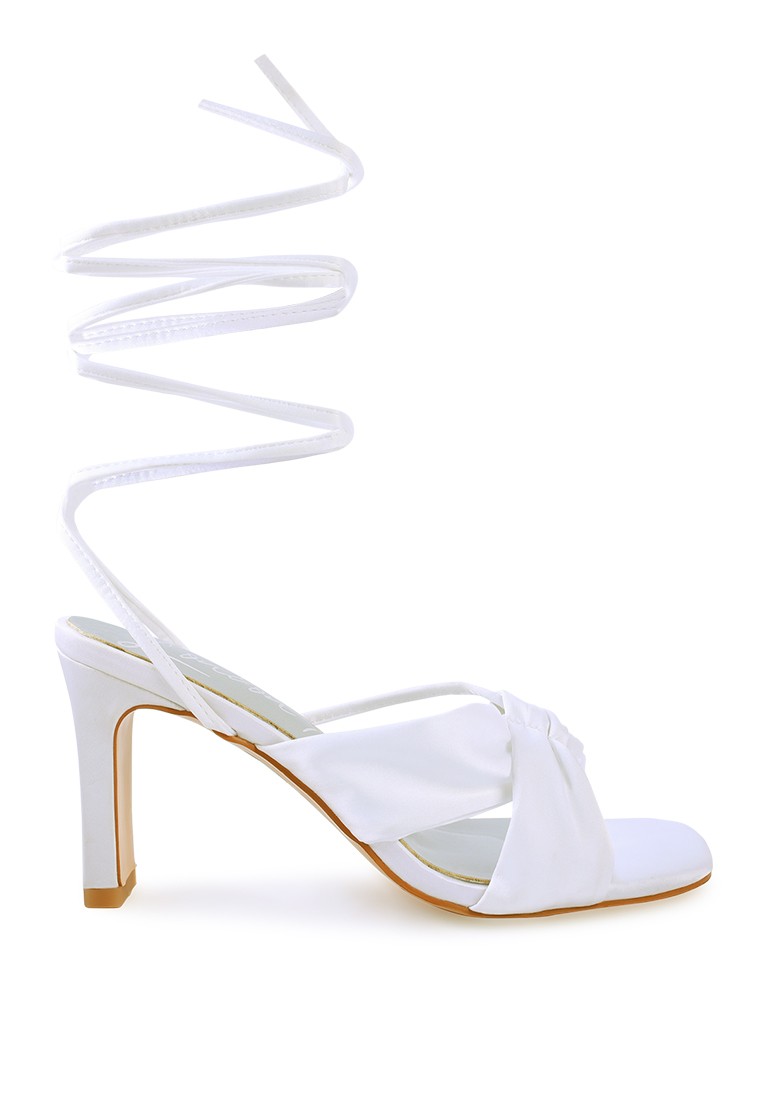 White Ruched Satin Tie Up Block Heeled Sandals