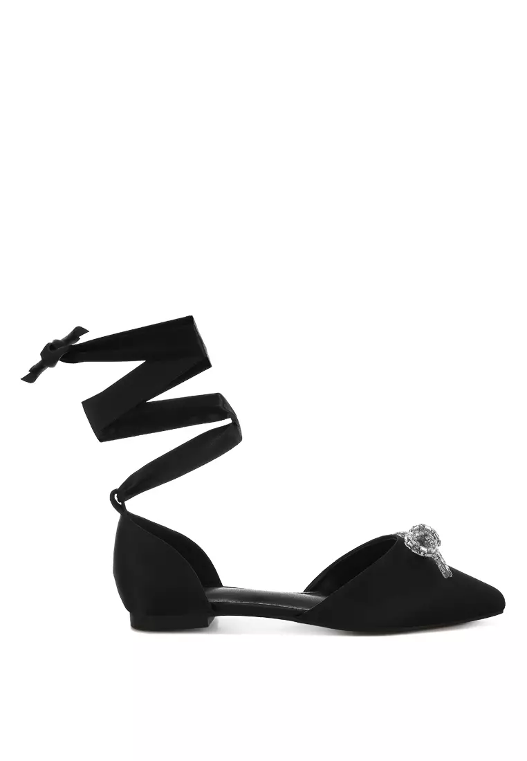 Rhinestone Detail Bow Flat Sandals in Black