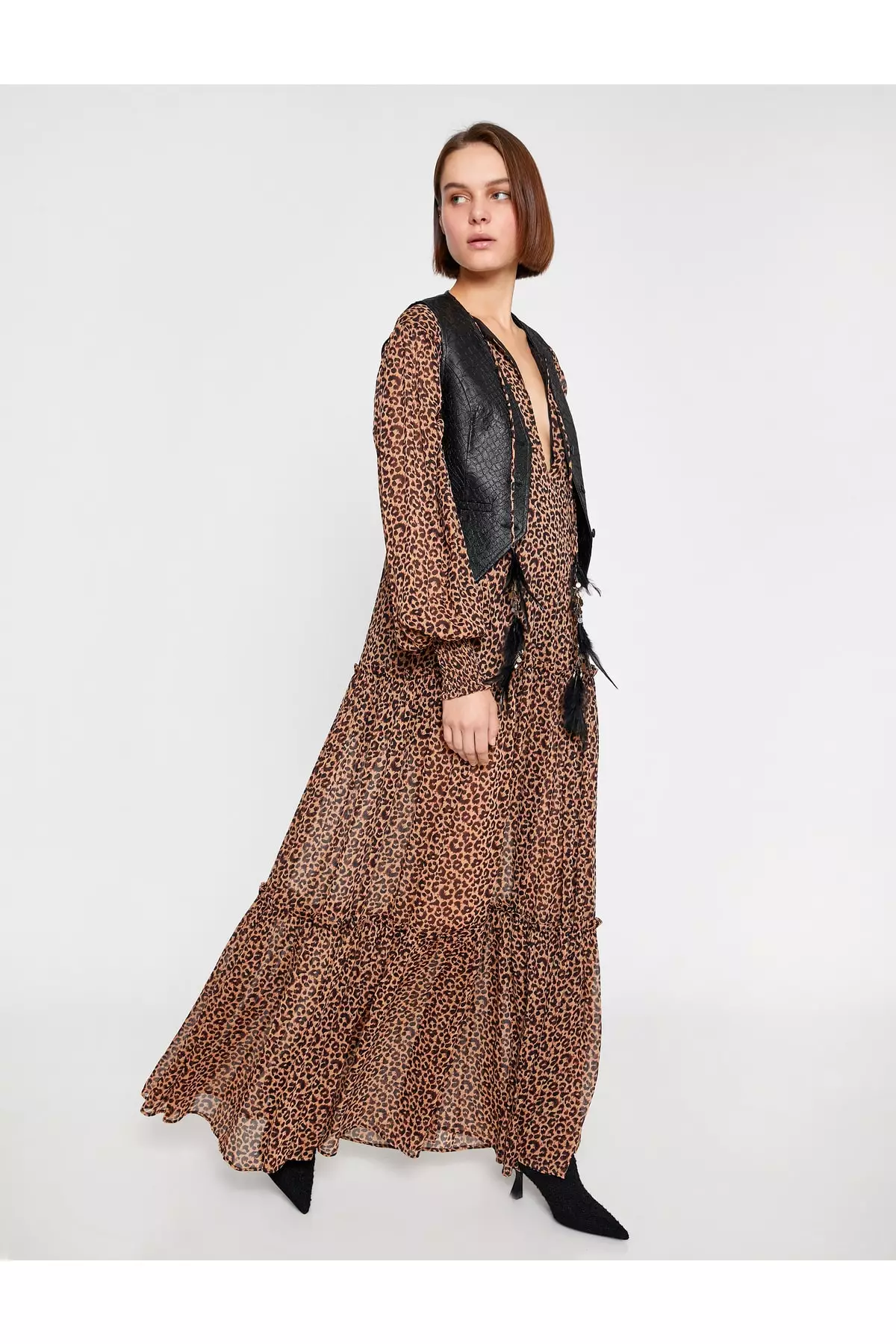 Feather Deep V-Neck Long Dress