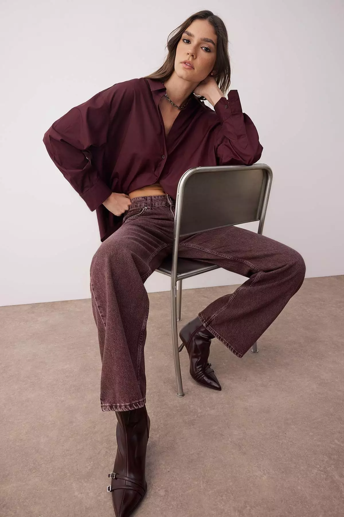 Burgundy High Waist Vintage Wash Custom Color Denim Wide Leg Jeans